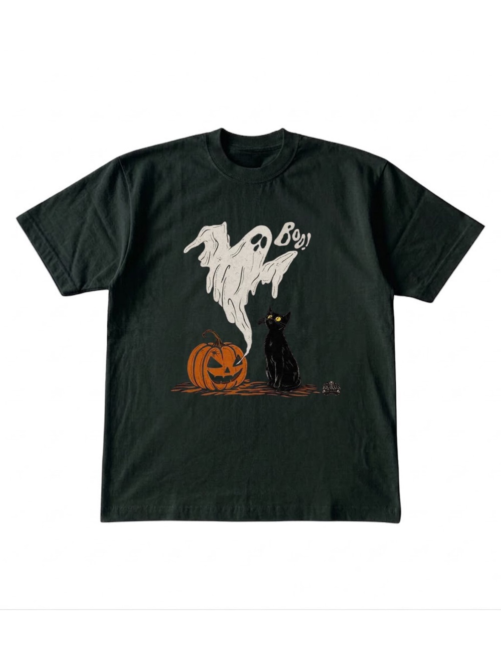 Gildan Forest Green Halloween Cat & Pumpkin Graphic Tee - Boo Design